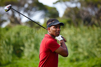 Buy stock photo Black man, golf course and swing with club for point, score or par in outdoor nature. African male person, sports player or golfer hitting ball for competition, challenge or practice on grass field