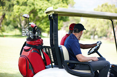 Buy stock photo Men, golf cart and driving on lawn for workout with sunshine, sportswear and exercise. Male golfers, sport and transportation outside for entertainment with green nature, health and training together