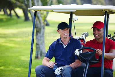 Buy stock photo Men, smile and drive cart on golf course for transportation, relaxation or conversation between holes. People, happy and together outdoors for health, fitness and exercise communicate on ride