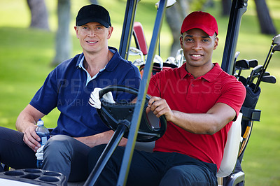 Buy stock photo Portrait, men and golf cart on lawn with driving, activity and sportswear for exercise. Male golfers, sport and transport on grass for entertainment with outdoor nature, health and training together