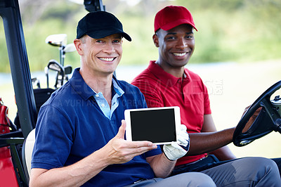 Buy stock photo Happy, people and tablet with course on golf from personal trainer or coach for learning sport and game. Training, app and portrait with tech for teaching online lesson or tutorial from professional