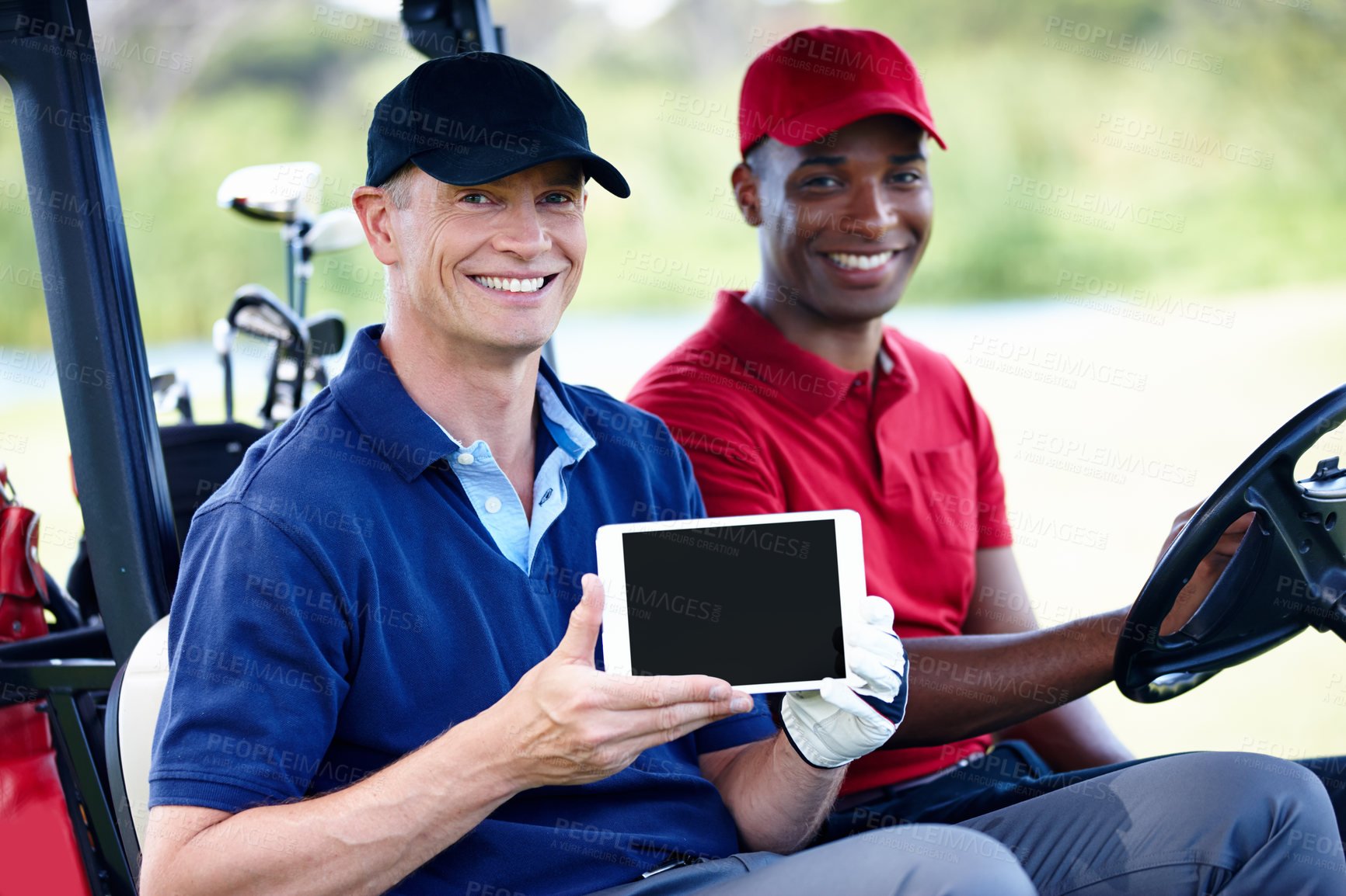 Buy stock photo Happy, people and tablet with course on golf from personal trainer or coach for learning sport and game. Training, app and portrait with tech for teaching online lesson or tutorial from professional