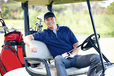 Buy stock photo Man, golf cart and portrait for sports, fitness and exercise for hobby in summer outdoor. Golfer or happy person with equipment for adventure on field for training, activity and game on vacation 
