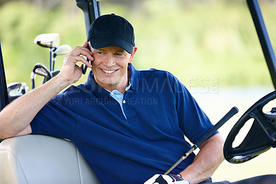 Buy stock photo Man, phone call and smile on golf course, communication and planning for schedule. Happy male person, talking and athlete for networking outdoors, golfer and internet or app for conversation in cart