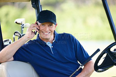 Buy stock photo Man, phone call and portrait on golf course, communication and planning for training. Happy male person, talking and athlete for networking outdoors, golfer and internet connection or app for chat