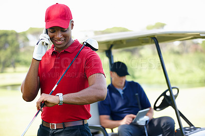 Buy stock photo Man, phone call and check time on golf course, communication and planning for schedule. Black male person, talking and athlete for networking outdoors, golfer and watch for appointment on b2b chat