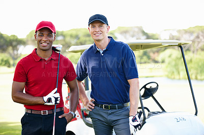 Buy stock photo Portrait, men and club on golf course with transport for training, happiness and collaboration. Male people, sports equipment and cart for activity with sportswear, teamwork and health outdoor