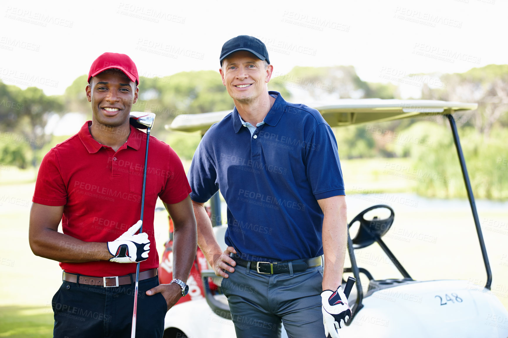Buy stock photo Portrait, men and club on golf course with transport for training, happiness and collaboration. Male people, sports equipment and cart for activity with sportswear, teamwork and health outdoor
