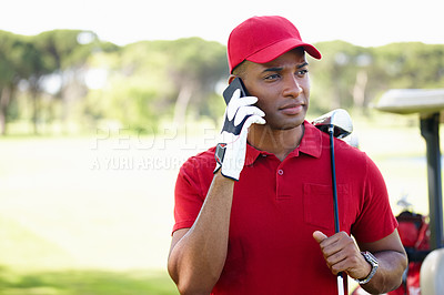 Buy stock photo Man, phone call and golf course for sport lesson, talking and negotiation of business deal and relax for networking. Black person, cellphone and communication for coaching and outdoor for fitness