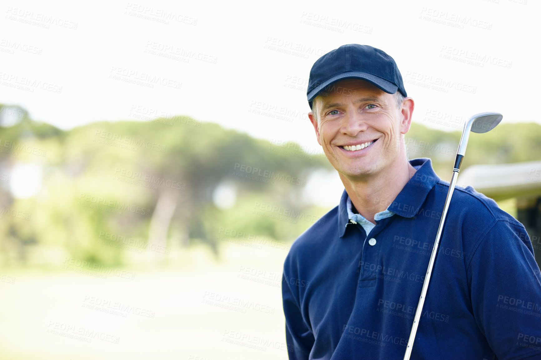 Buy stock photo Mature man, happy and portrait on golf course for competition, health or fitness in activewear on summer day. Person, smiling and confident for exercise, tournament or outdoor contest in club
