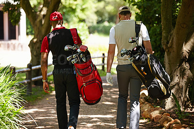 Buy stock photo People, walking and outdoor in park for golf, game and training together at club in summer. Golfer, friends or athlete with personal trainer for practice of sport in healthy competition or exercise