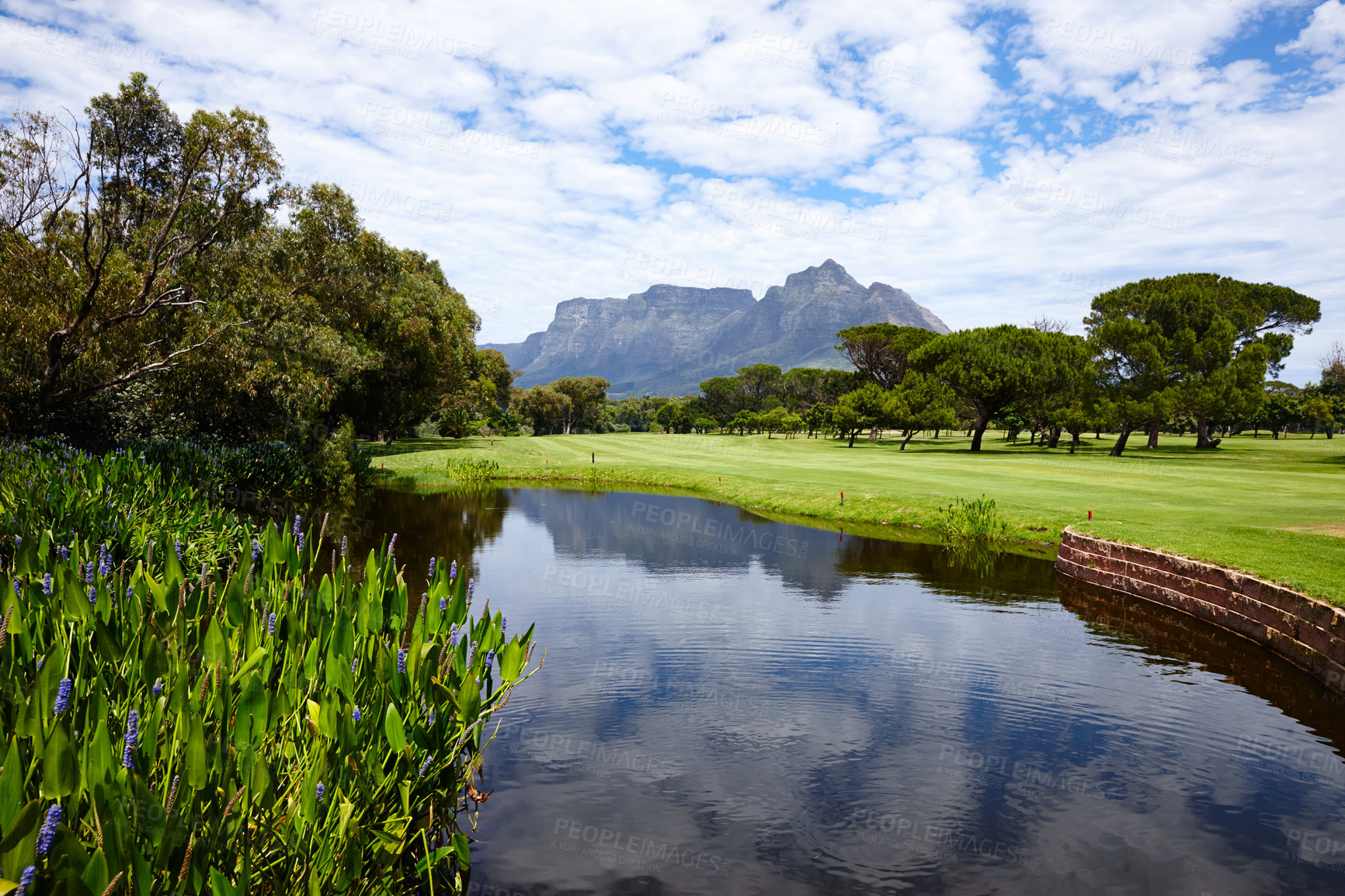 Buy stock photo Mountain, landscape and water with grass at golf course on summer on holiday or vacation. Calm, morning and lake with turf field for sport in woods, forest or nature of park with trees and plants