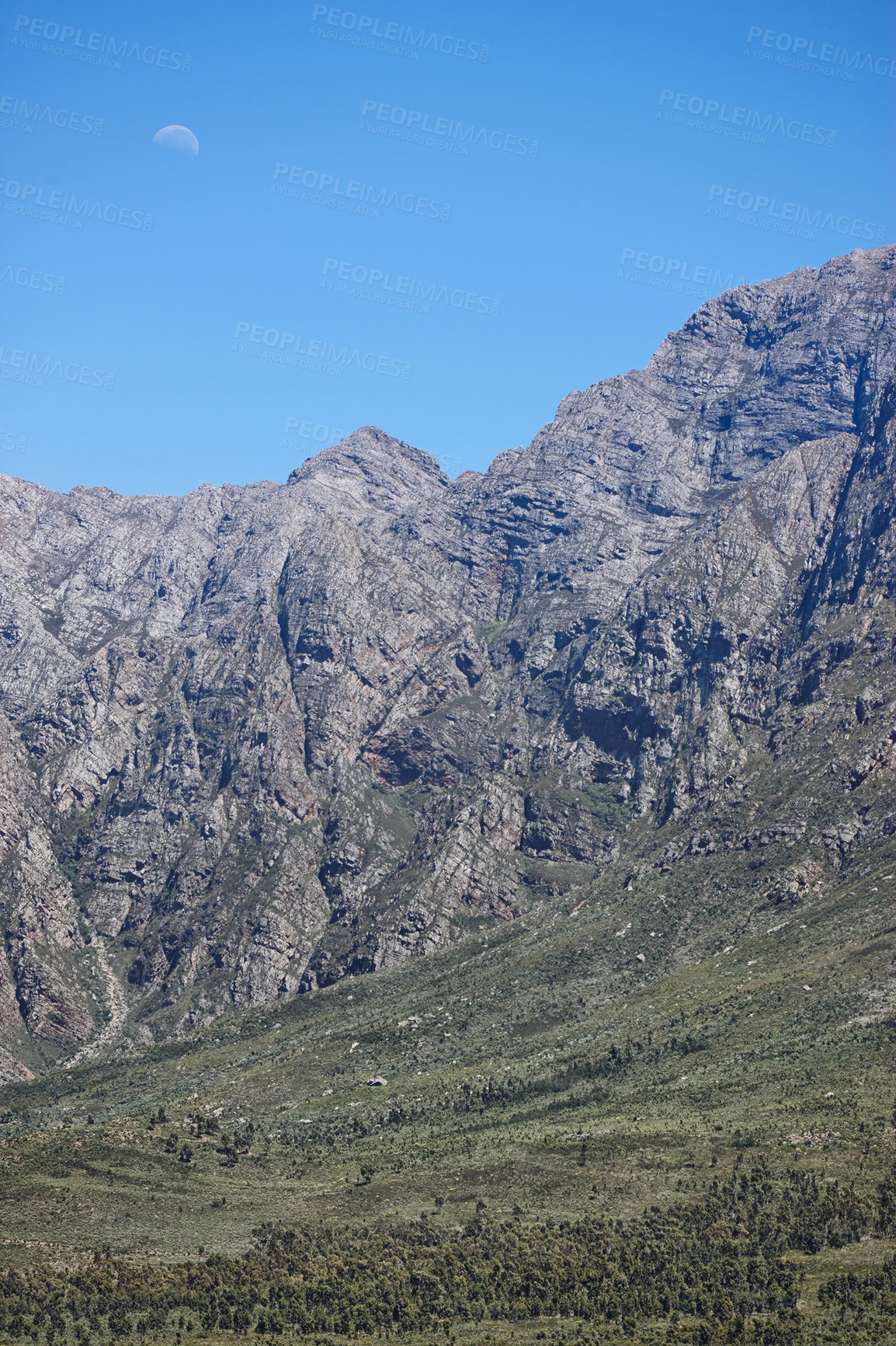 Buy stock photo Nature, trees and mountains for outdoor in morning, hiking and grassland in countryside. Outside, green plants and landscape in Spain with forests, woods and conservation environment with blue sky
