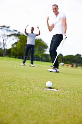 Buy stock photo Happy man, friends and golfer with winner for goal in hole on  the green grass or outdoor field in nature. Male person or people in celebration on golf course for winning, victory or ball on target