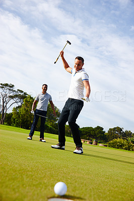 Buy stock photo Men, golf course and upset for sports, game challenge and practice for hobby in summer outdoor. Golfer or friends and angry for loss with ball near hole for recreation, vacation and active on grass