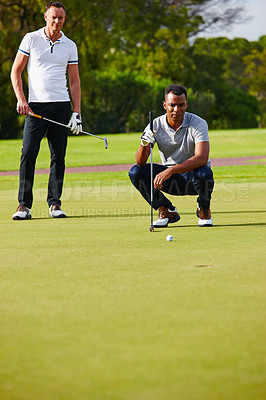 Buy stock photo Man, golf and training on grass with thinking for practice for drill for serious in sport. African, men and coaching on course with strategy, ball and stroke with tactics in sportswear with driver 