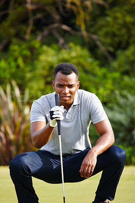 Buy stock photo African man, golf and club with grass for aim with driver for strategy with skill in sportswear on pitch. Male person, health and fit with sport with equipment, healthy and outdoors with accuracy