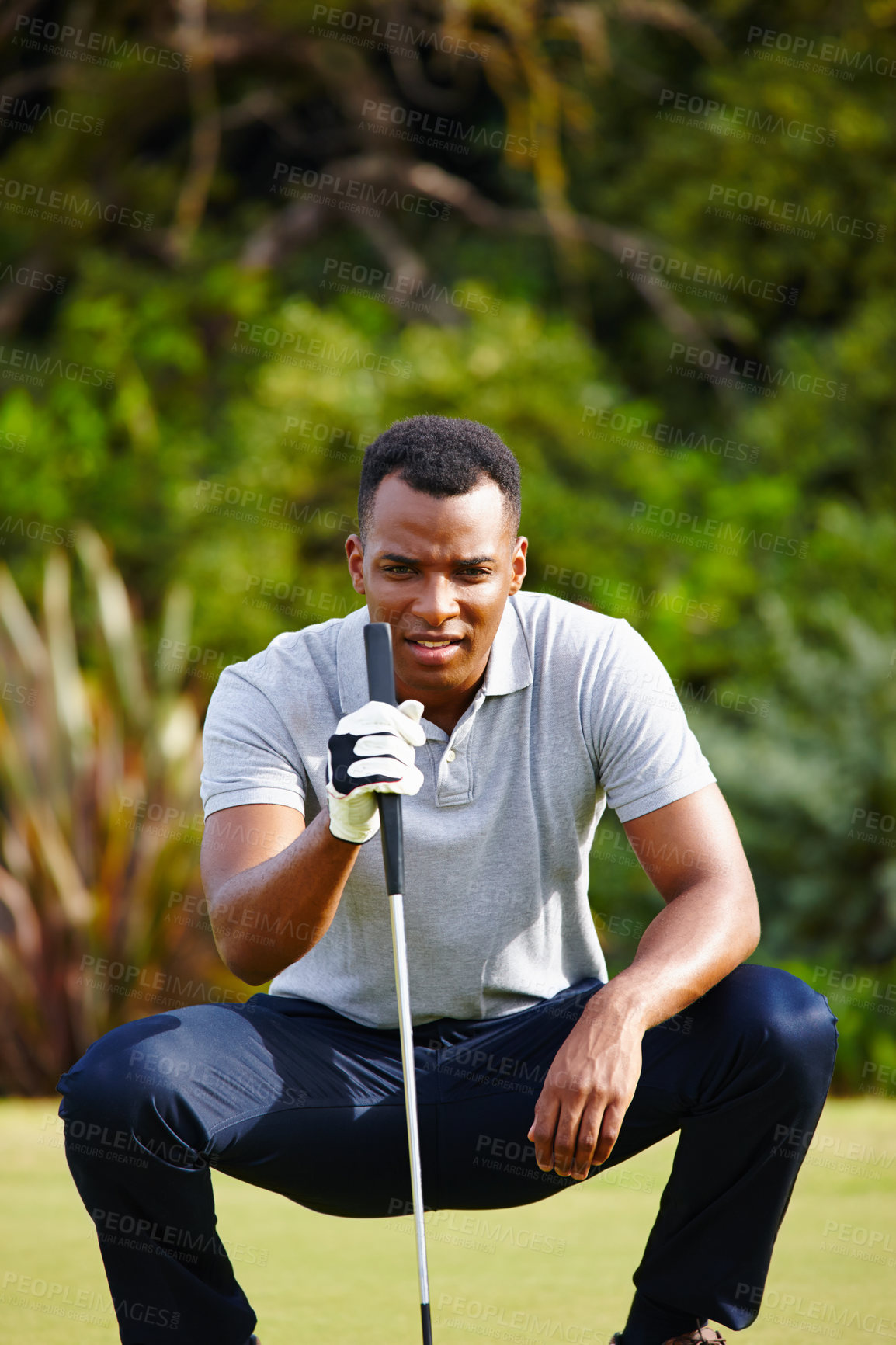 Buy stock photo African man, golf and club with grass for aim with driver for strategy with skill in sportswear on pitch. Male person, health and fit with sport with equipment, healthy and outdoors with accuracy