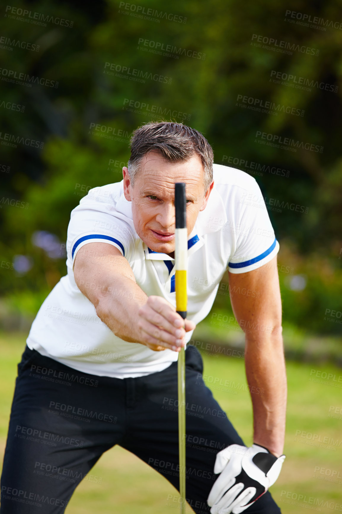 Buy stock photo Man, golf and club with grass for aim for putt with strategy for skill in sportswear on course. Male person, health and fit with sport with equipment, mature and healthy in outdoors with accuracy