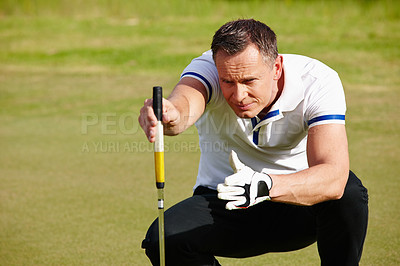 Buy stock photo Man, club and golf with grass for aim with putt in strategy for skill in sportswear on course. Health, male person and fit with sport with equipment, mature and healthy in outdoors with accuracy