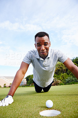 Buy stock photo Man, sports and miss hole in golf, sad for fail or loss with expression, competition and disappointment. Mistake, disaster and challenge with ball on grass, African athlete  and lose game outdoor