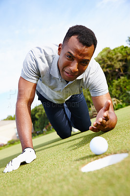 Buy stock photo Man, sport and miss hole in golf, sad for fail or loss with expression, competition and disappointment. Mistake, disaster and challenge with ball on grass, African athlete  and lose game outdoor