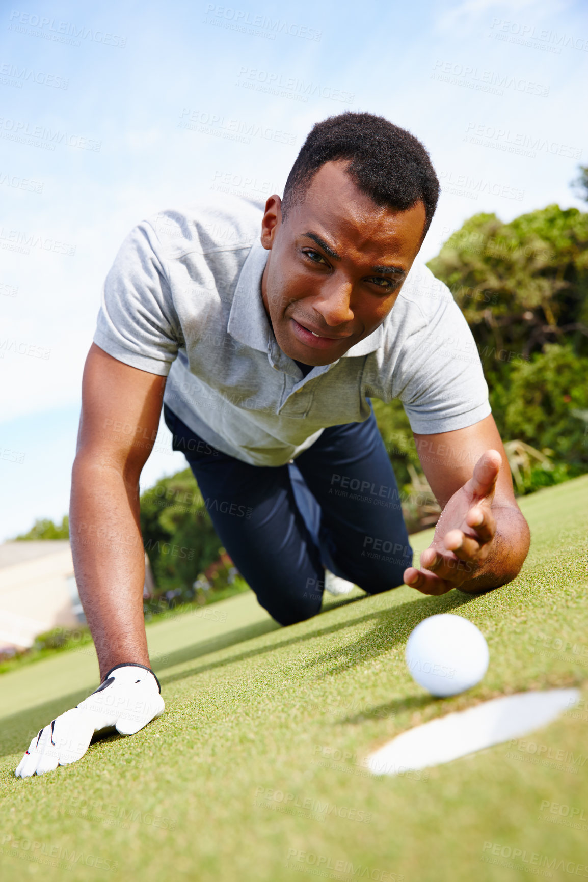 Buy stock photo Man, sport and miss hole in golf, sad for fail or loss with expression, competition and disappointment. Mistake, disaster and challenge with ball on grass, African athlete  and lose game outdoor