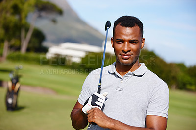 Buy stock photo Man, portrait and club for golf tournament on field, driver and international sports or contest. Black male person, athlete and equipment for practice, training and challenge in competition on course