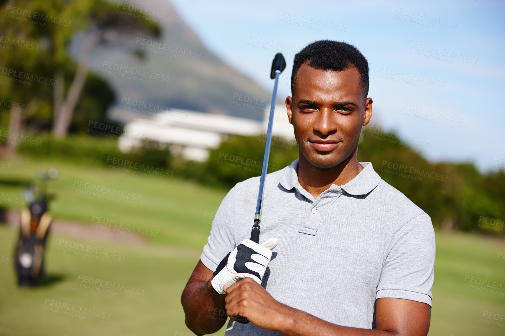 Buy stock photo Man, portrait and club for golf tournament on field, driver and international sports or contest. Black male person, athlete and equipment for practice, training and challenge in competition on course