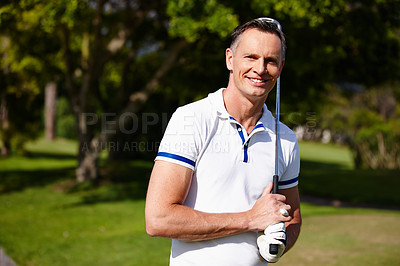 Buy stock photo Man, portrait and club for sports on golf course, driver and international match or contest. Happy male person, athlete and equipment for practice, training and challenge in competition on lawn
