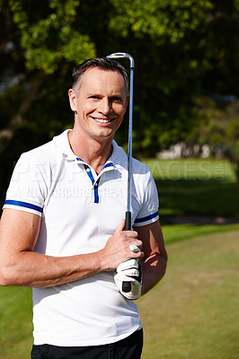 Buy stock photo Man, portrait and club for golf practice on field, driver and international sports or contest. Male person, athlete and equipment for challenge, training and exercise in outdoor competition on lawn