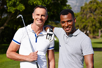 Buy stock photo Men, golf and portrait for sports, fitness and exercise for hobby in summer outdoor. Golfer, friends or diverse people with stick for recreation on field for training, activity and game on vacation 

