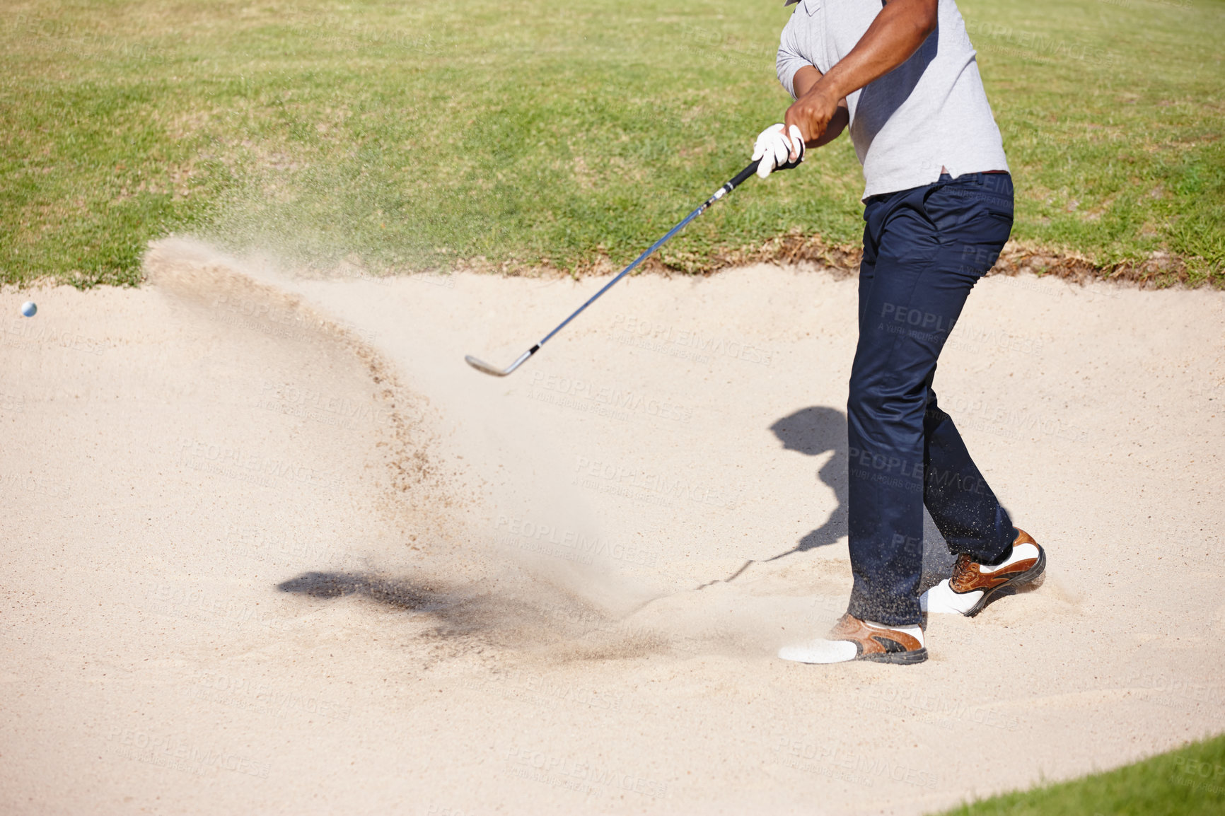 Buy stock photo Man, golfer and swing on golf course in sand pit for par, stroke or strike on grass field in nature. Closeup of male person or sport player hitting ball out of dirt for point or tough outdoor shot