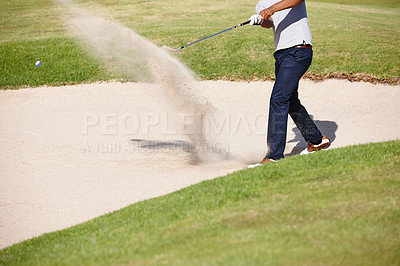 Buy stock photo Man, golfer and hands with swing in sand pit for par, stroke or strike on grass field in nature. Closeup of male person or sport player hitting ball out for point or tough outdoor shot on golf course