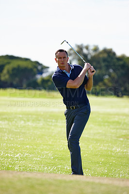 Buy stock photo Man, golfer and swing with club on golf course for point, score or par in outdoor nature. Male person or sports player hitting ball on green lawn or grass field for competition, challenge or practice