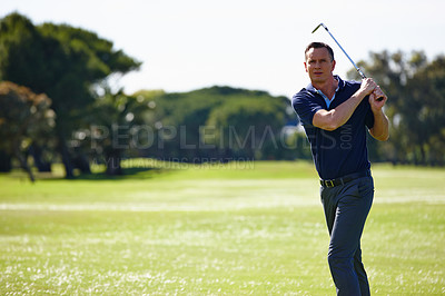 Buy stock photo Man, swing and golfing with club on grass field for point, score or par in outdoor nature. Male person, sports player or golfer hitting ball on lawn or course for competition, challenge or practice