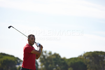 Buy stock photo Man, golf course and swing with club for point, score or par in outdoor nature with blue sky. Male person, sports player or golfer hitting ball for competition, challenge or practice on mockup space