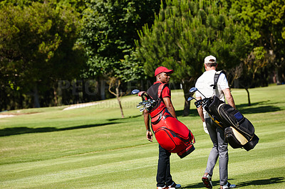 Buy stock photo People, walking and outdoor on course for golf, game and training at club in summer. Golfer, friends and men on grass turf in park together talking about practice of sport with healthy competition