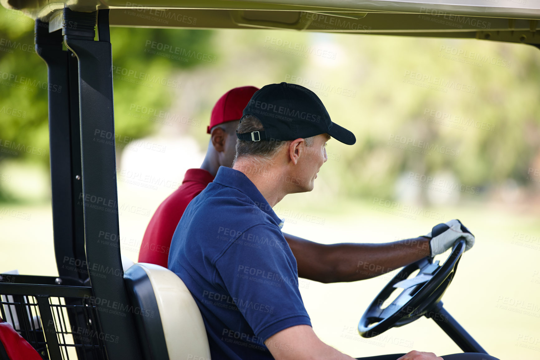 Buy stock photo Men, friends and drive golf cart on field for exercise, sports and health on outdoor course. Male person, workout and outside for fitness, competition and golfers sit in vehicle for staying active