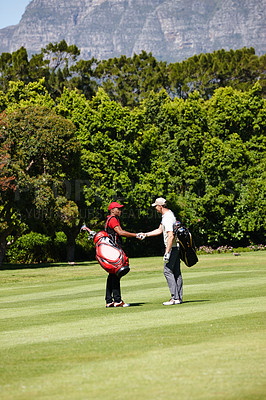 Buy stock photo Man, friends and golfer with handshake for meeting, game or match together on grass field in nature. Male person, people or sports player shaking hands for teamwork, deal or agreement on golf course