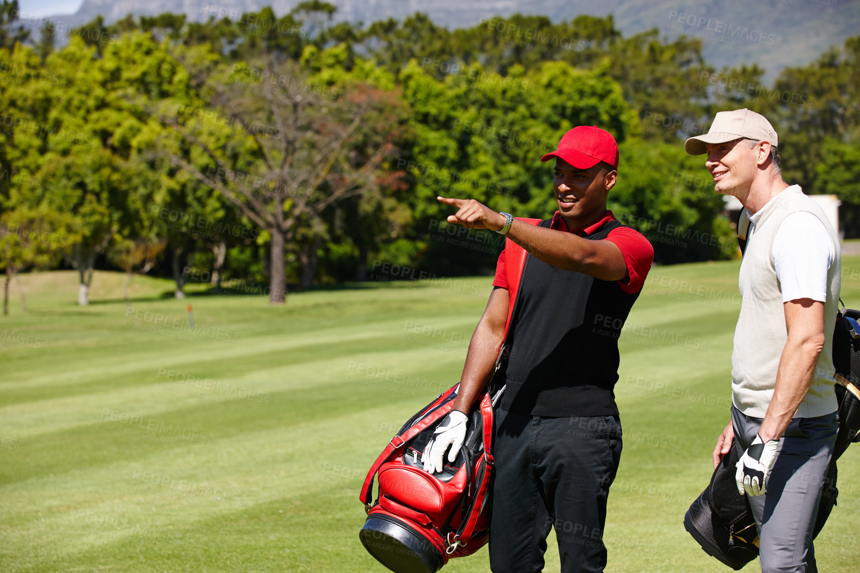 Buy stock photo People, outdoor and looking for ball in golf game on course to see progress in sport or competition. Athlete, search and find target for practice on turf of club or thinking about angle of shot