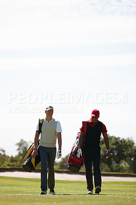 Buy stock photo Smile, friends and men walking on golf course with golfing bag for training, health and teamwork. Male people, sports equipment and exercise for activity with sportswear, lawn and trees outdoor