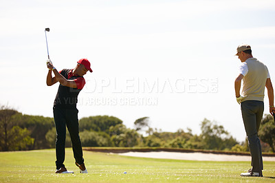 Buy stock photo Man, friends and swing with club on golf course for stroke, point or strike on grass field in nature. Male person, sports player or golfer hitting ball for friendly game, match or outdoor competition