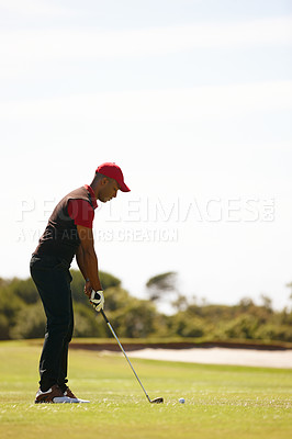 Buy stock photo Man, playing and golf course with club or ball for stroke, point or strike on grass field in nature. Male person, golfer or sport player getting ready for swing, game or outdoor match on mockup space