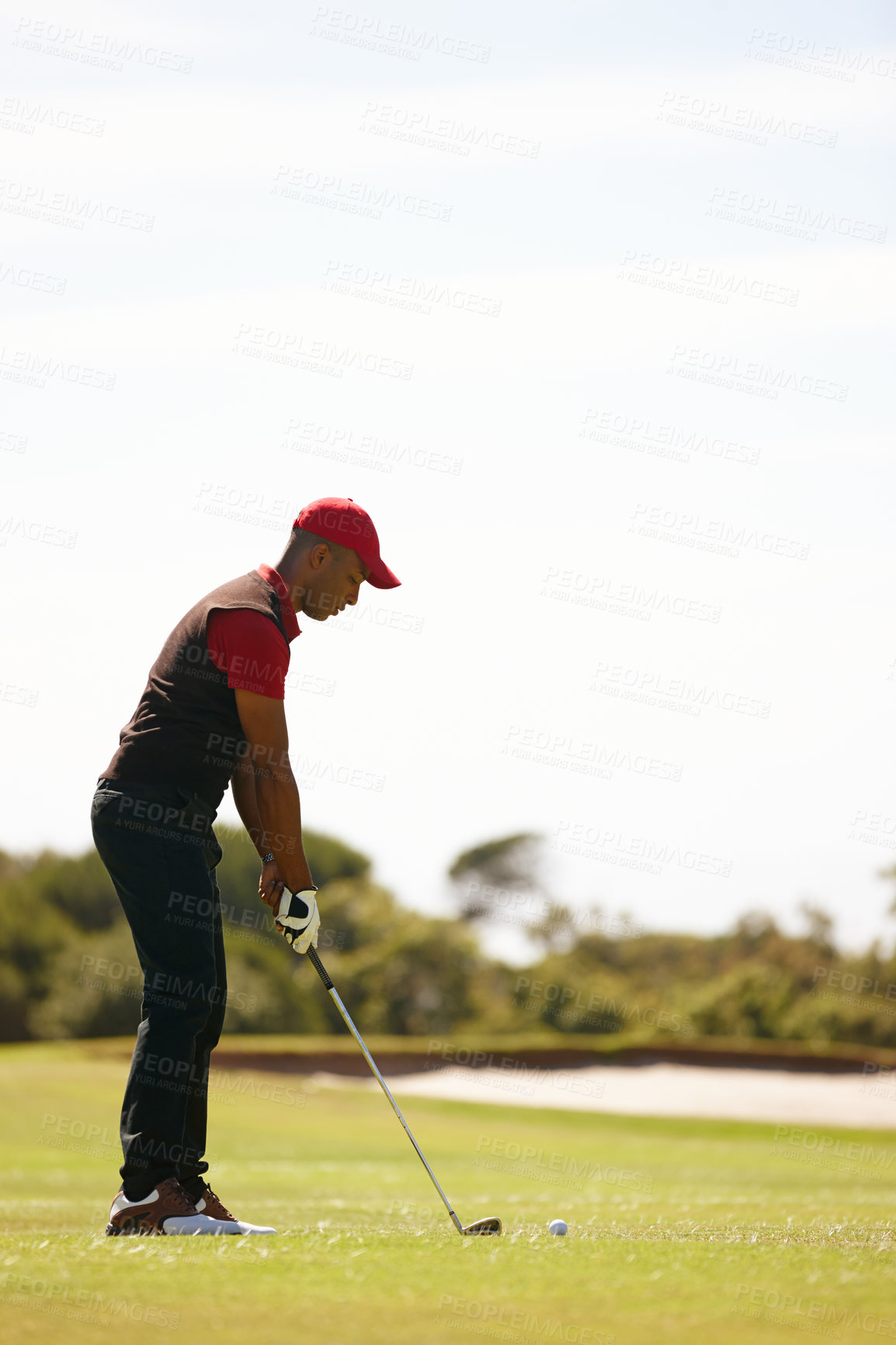 Buy stock photo Man, playing and golf course with club or ball for stroke, point or strike on grass field in nature. Male person, golfer or sport player getting ready for swing, game or outdoor match on mockup space