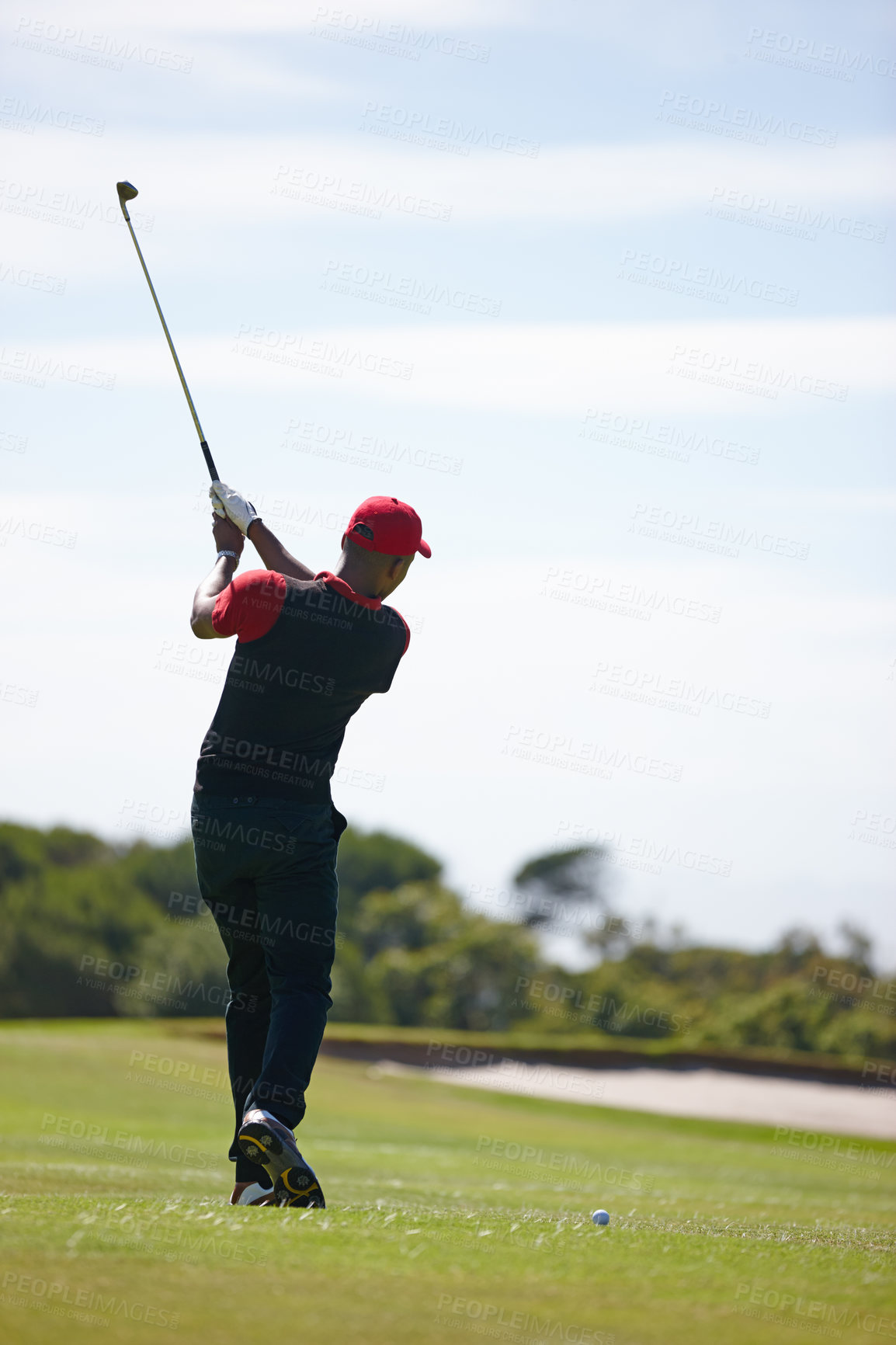 Buy stock photo Man, back and swing with golf course for stroke, point or strike on grass field in nature. Rear view of male person, golfer or sports player missing ball for game or outdoor match on mockup space