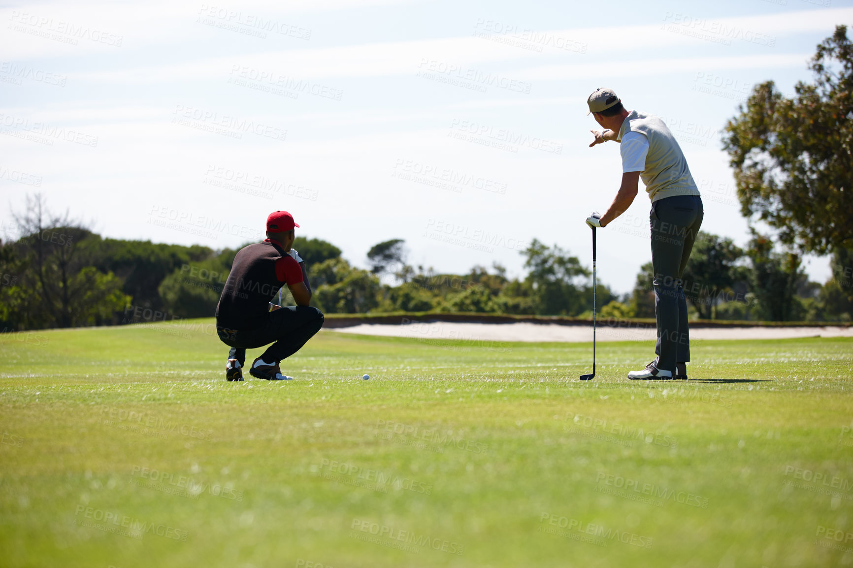 Buy stock photo Men, friends and talk with club on golf course for sports game, outdoor competition or match on green grass. Back view, male people and golfers checking for target, hole or par on field for fitness. 