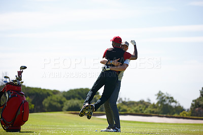 Buy stock photo Men, hugging and golf course for victory, sports and game challenge for hobby in summer travel outdoor. Golfer or friends and excited with equipment for celebration win on field on trip on vacation