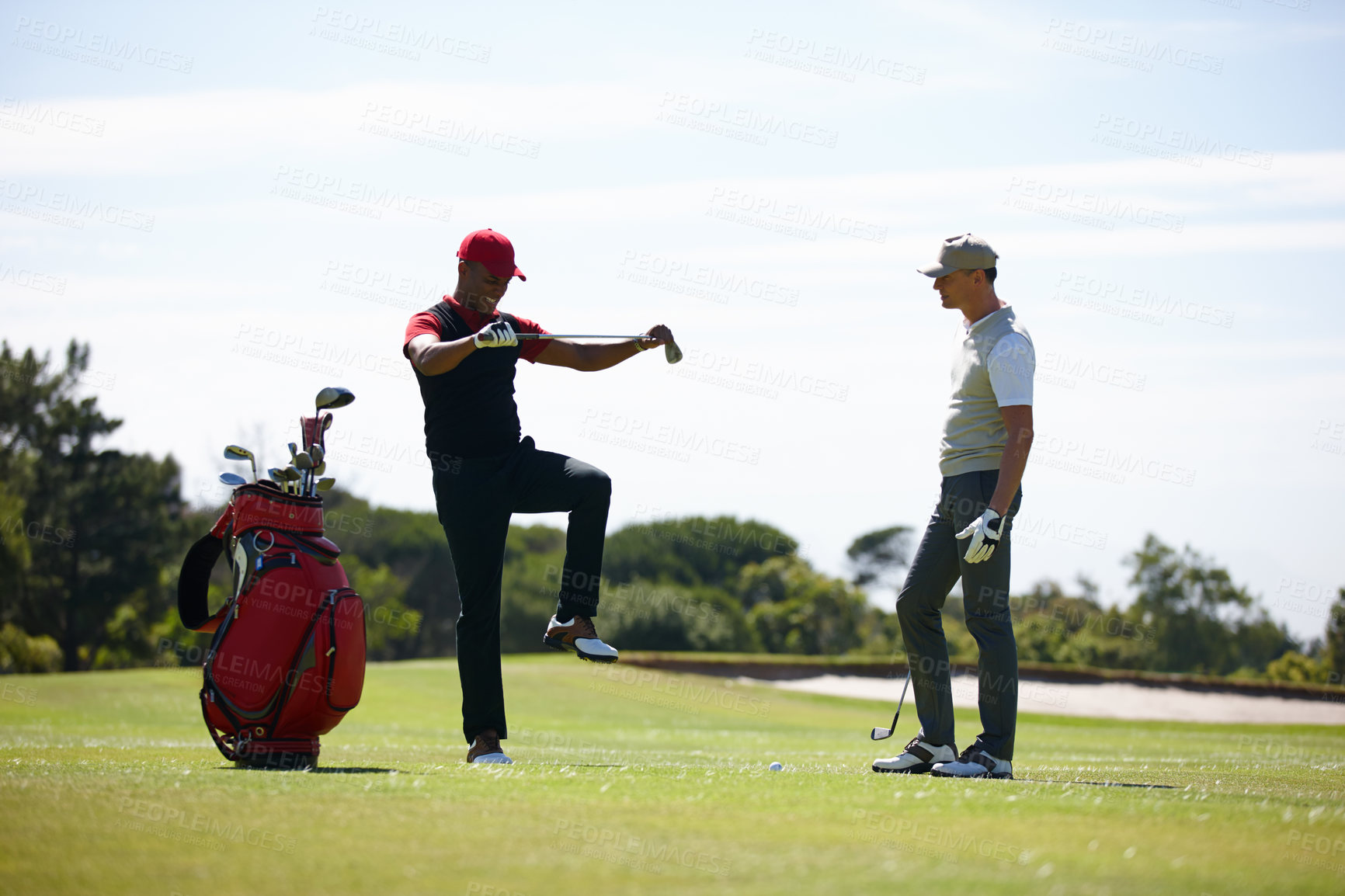 Buy stock photo Men, frustrated and play golf on course for sports, fail or competition with angry loser. People, outdoor and upset in  game of nine hole on summer day for defeat, loss or anger in tournament