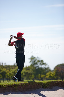 Buy stock photo Man, stroke and club for golf tournament on field, driver and international sports or contest. Male person, athlete and equipment for back practice, training and challenge in competition on technique